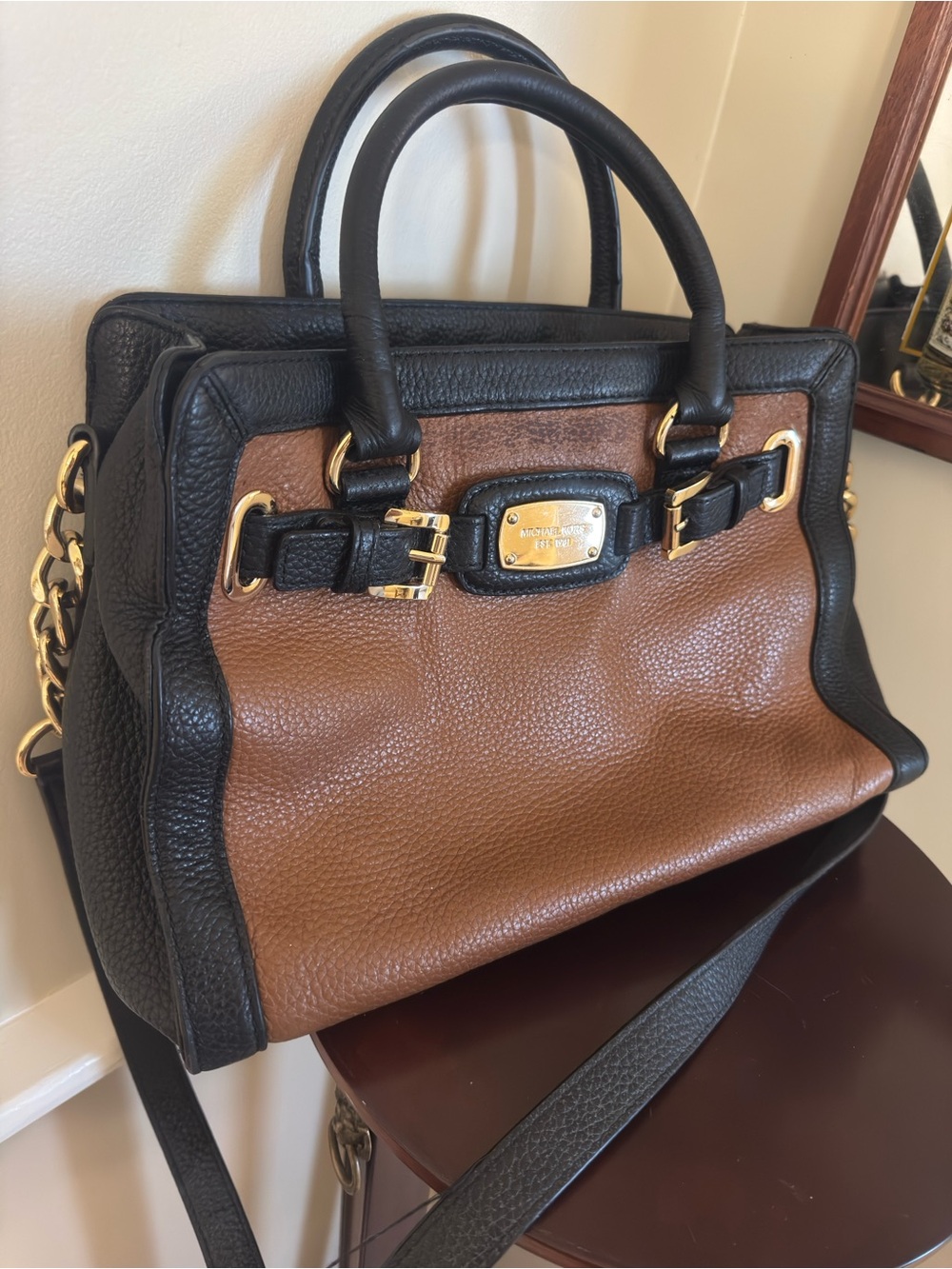 Vintage Michael Kors Black & Brown Pebbled Leather Messenger Satchel